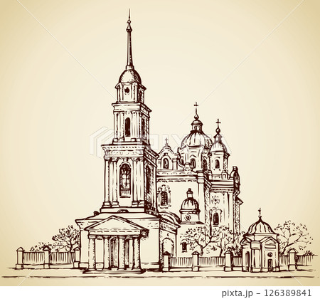 Dormition Cathedral, Poltava, Ukraine. Vector sketch 126389841