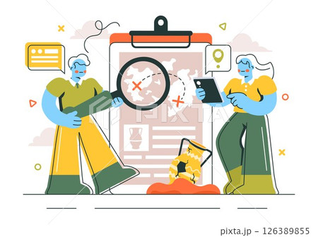 Archaeology Vector Illustration featuring an Archaeological Excavation of Ancient Ruins, Historical Artifacts, and Dinosaur Fossils in a Background Archaeology Vector Illustration featuring an Archaeological Excavation of Ancient Ruins, Historical Artifacts, and Dinosaur Fossils in a Background 126389855