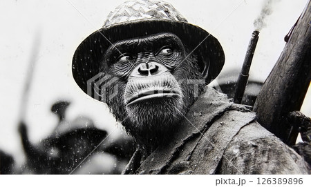 A soldier ape, wearing a military helmet and gear, stares fiercely while rain falls around in a chaotic battlefield. The atmosphere reflects tension and bravery during combat. A soldier ape, wearing a military helmet and gear, stares fiercely while rain falls around in a chaotic battlefield. The atmosphere reflects tension and bravery during combat. 126389896