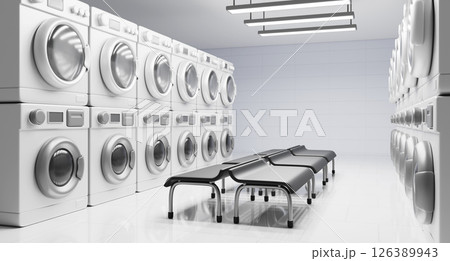 Laundromat interior perspective. Commercial self service laundry room with rows of washing and dryer machine, waiting area with empty chairs, lamps. Industry, dry cleaning, business. 3D illustration Laundromat interior perspective. Commercial self service laundry room with rows of washing and dryer machine, waiting area with empty chairs, lamps. Industry, dry cleaning, business. 3D illustration 126389943