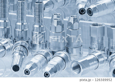 Close up scene the group of quick release coupling set in the light blue scene. 126389952