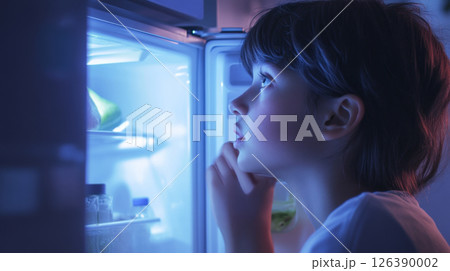 Curious Child Looking Into an Open Refrigerator at Night 126390002