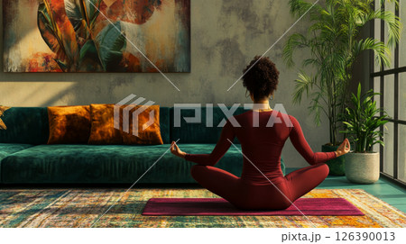 Woman Practicing Mindfulness Meditation in a Cozy Living Room 126390013