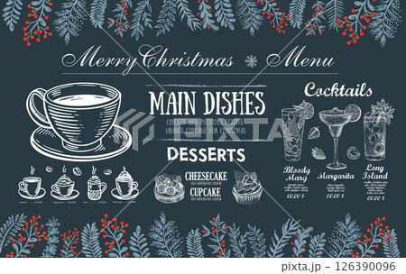 Christmas and New Year menu cafe. Template design. Hand drawn illustrations. Vector.	 126390096