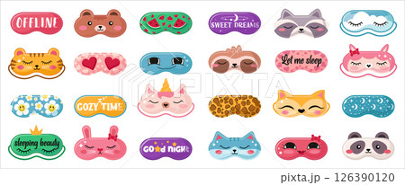 Cute Sleeping Masks Vector Set. Night Eye Masks with Funny Faces and Cozy Sleep Designs. Bedtime Clipart Elements.. 126390120