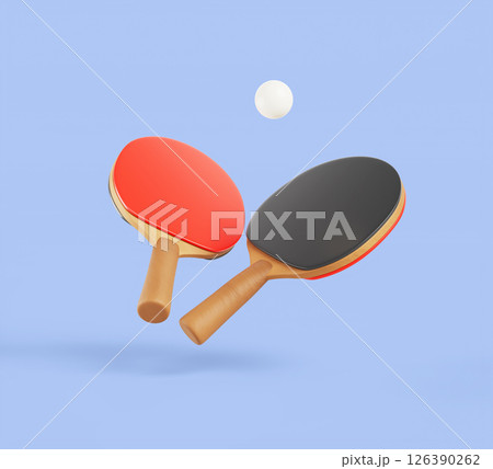 3d table tennis rackets with ball. Ping pong paddles, sports equipment with rubber red and black bat surface and wooden handle isolated on white background. Realistic render icon set. 3D illustration 3d table tennis rackets with ball. Ping pong paddles, sports equipment with rubber red and black bat surface and wooden handle isolated on white background. Realistic render icon set. 3D illustration 126390262