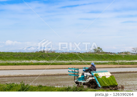 田植機による田植え作業と栗駒山 126390264