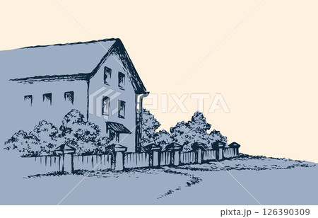 Old house behind fence. Vector drawing Old house behind fence. Vector drawing 126390309