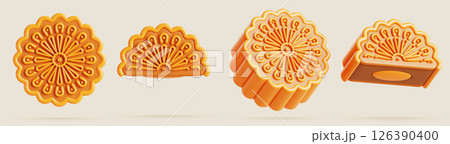 3d mooncake, chinese delicacy, mid autumn festival gift. Asian round sweet food, moon cake whole and cut half with floral ornament, lotus seed paste or egg yolk, isolated render set. 3D illustration 126390400