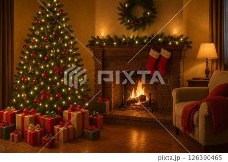 クリスマスツリーと暖炉 126390465