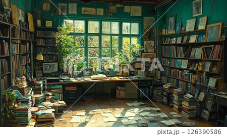 Cozy library space filled with books, plants, and warm natural light. 126390586