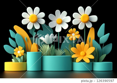 Colorful 3D flowers in various shapes and sizes against a dark background. Colorful 3D flowers in various shapes and sizes against a dark background. 126390597