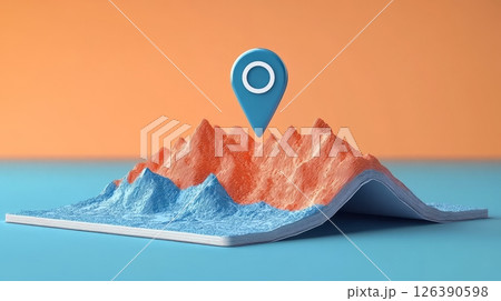 Colorful 3D map concept displaying mountain terrains with location marker. 126390598