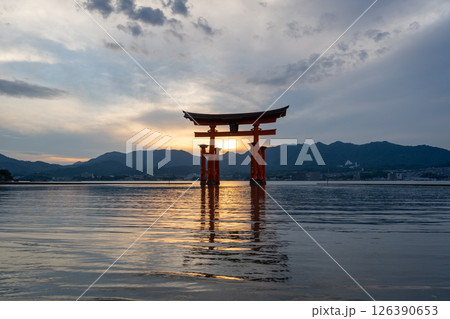 Famous red torii gate of Itsukushima shrine at sunset in Miyajima, Japan 126390653