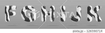 Zebra fluffy font letters F, G, H, I, J, K with african wild animal skin print. English alphabet for kids with fur striped pattern and white black hairy texture, isolated render set. 3D illustration Zebra fluffy font letters F, G, H, I, J, K with african wild animal skin print. English alphabet for kids with fur striped pattern and white black hairy texture, isolated render set. 3D illustration 126390714