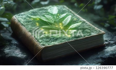 A mystical book covered in vibrant green leaves and glowing lights surrounded by nature. 126390777