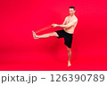 Portrait, happy man and bodybuilder with abs on studio background, backdrop and topless pride 126390789