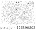 Coloring page with cute mermaid, fish, jellyfish. 126390802