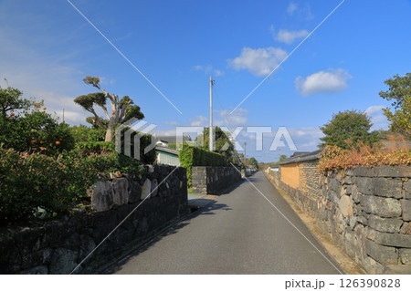 快晴の青空の下の萩城下町の小路の風景 126390828