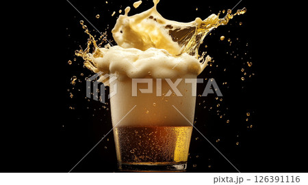 Cold Beer Overflowing with Dramatic Foam Explosion Cold Beer Overflowing with Dramatic Foam Explosion 126391116