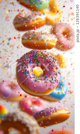 Colorful Stacked Donuts with Sprinkles and Confetti 126391140