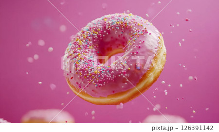 Pink Frosted Donut with Sprinkles Floating in Air 126391142