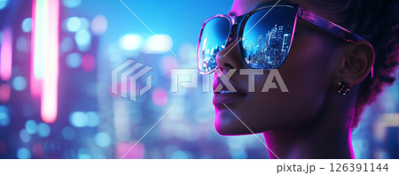Stylish Woman in Neon Cityscape with Reflected Lights 126391144