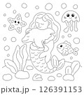 Coloring page with cute mermaid, fish and dolphin. 126391153