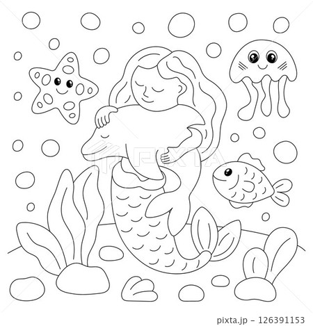 Coloring page with cute mermaid, fish and dolphin. Coloring page with cute mermaid, fish and dolphin. 126391153