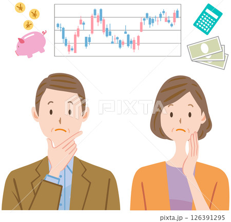 投資　株　考える中年夫婦のイラスト 126391295