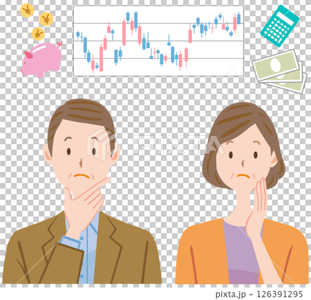Illustration of a middle-aged couple thinking about investment stocks 126391295