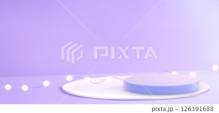 Light bulbs garland illuminating purple podium 126391688