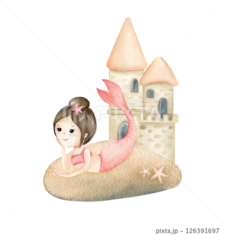 Mermaid girl lies on stone with starfishes against backdrop of underwater castle. Watercolor children's illustration isolated from background. Kids design concept for posters, textile, stationary 126391697