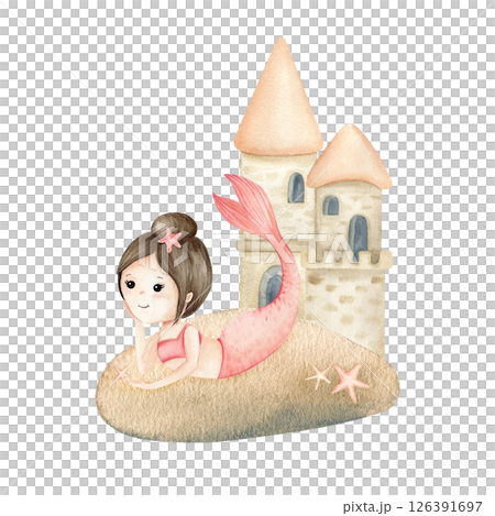 Mermaid girl lies on stone with starfishes against backdrop of underwater castle. Watercolor children's illustration isolated from background. Kids design concept for posters, textile, stationary 126391697