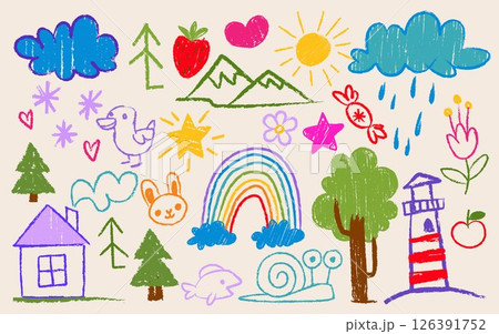 Crayon kid drawings - colorful children doodles Crayon kid drawings - colorful children doodles 126391752