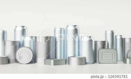 Row of canned goods, including a can of beverages and can of food 126391781