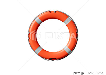 Orange life preserver is shown on a white background 126391784