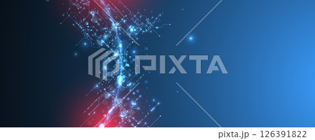 Digital circuit visualization vector background. Neon glowing board pattern with interconnected lines, nodes, and binary code. Digital circuit visualization vector background. Neon glowing board pattern with interconnected lines, nodes, and binary code. 126391822