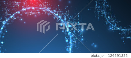 Digital circuit visualization vector background. Neon glowing board pattern with interconnected lines, nodes, and binary code. Digital circuit visualization vector background. Neon glowing board pattern with interconnected lines, nodes, and binary code. 126391823