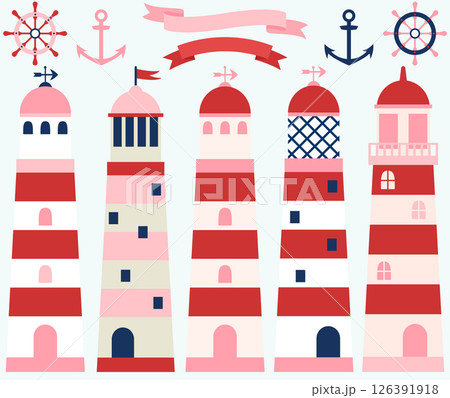 Girl nautical set with lighthouses and marine elements for greeting cards and invitations 126391918