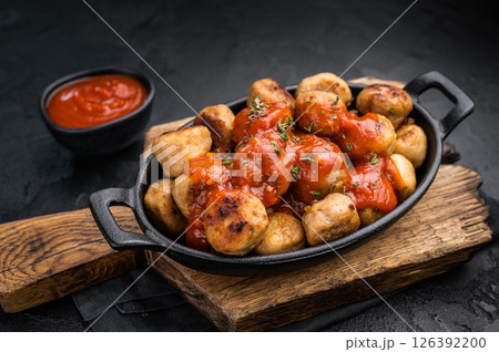 Hearty meatballs, beef balls, bursting with flavor and served in a rich tomato sauce. A beloved dish that combines tradition and taste for every occasion. black background. top view Hearty meatballs, beef balls, bursting with flavor and served in a rich tomato sauce. A beloved dish that combines tradition and taste for every occasion. black background. top view 126392200