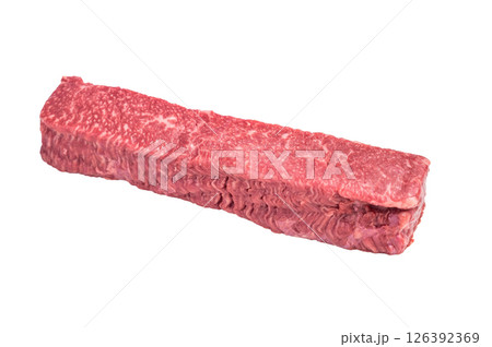 Exquisite raw wagyu beef, showcasing its rich marbling and vibrant color, perfect for gourmet dishes or high-end grilling experiences. isolated on white background. top view 126392369