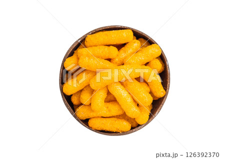 Irresistible Cheese puffs, cheese snacks bursting with bold flavors and a satisfying crunch. isolated on white background. top view Irresistible Cheese puffs, cheese snacks bursting with bold flavors and a satisfying crunch. isolated on white background. top view 126392370