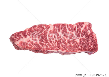 Fresh raw Denver steak, showcasing its marbled texture and rich color, perfect for grilling or pan-searing to create a flavorful meal. isolated on white background. top view Fresh raw Denver steak, showcasing its marbled texture and rich color, perfect for grilling or pan-searing to create a flavorful meal. isolated on white background. top view 126392373