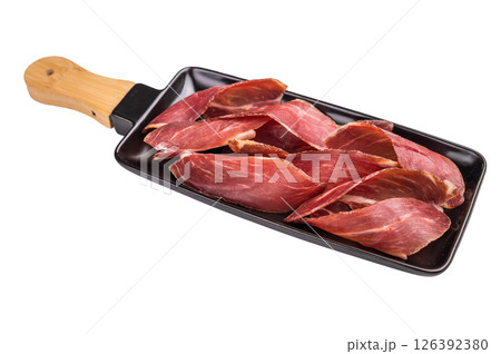 Dry cured and smoked serrano ham, pork meat isolated on white background. top view 126392380
