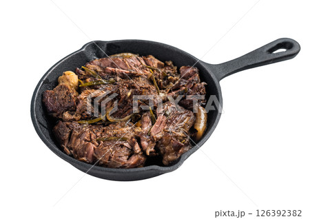 Beef bourguignon stew in a pan isolated on a white background. top view 126392382