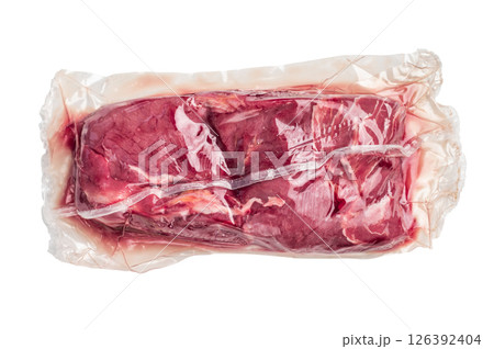 Close-up of raw horse meat, emphasizing its quality and freshness, ready to be transformed into exquisite dishes for adventurous palates. isolated on white background. top view 126392404
