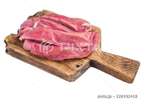 Duck breast fillet, raw sliced poultry meat on butcher board. isolated on white background. top view Duck breast fillet, raw sliced poultry meat on butcher board. isolated on white background. top view 126392418