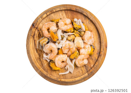 Frozen Raw Seafood Cocktail with Mussels, Clams, Prawns, Shrimps and squid isolated on white background. top view 126392501