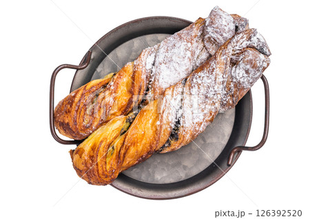 Homemade pastry with Pistachios and chocolate, Puff pastry isolated on white background. top view 126392520